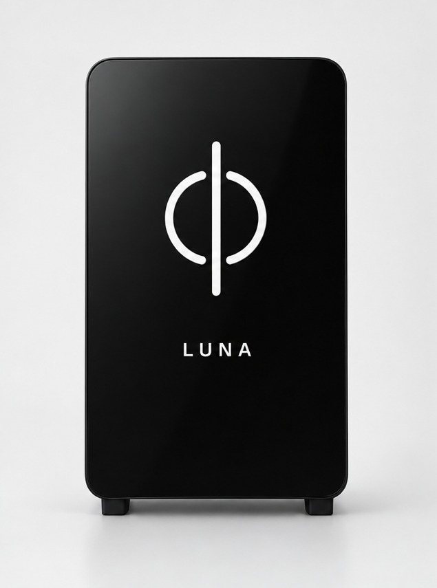 Luna power storage unit, front view: a black cabinet with the Ozai mark.